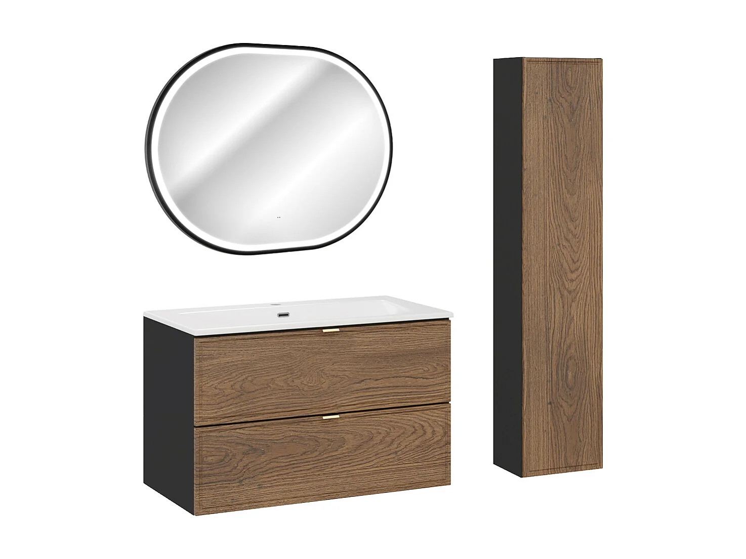 Set aus Einzelwaschtisch mit Einbauwaschbecken 80cm Säule und Spiegel Elena Holz und Schwarz