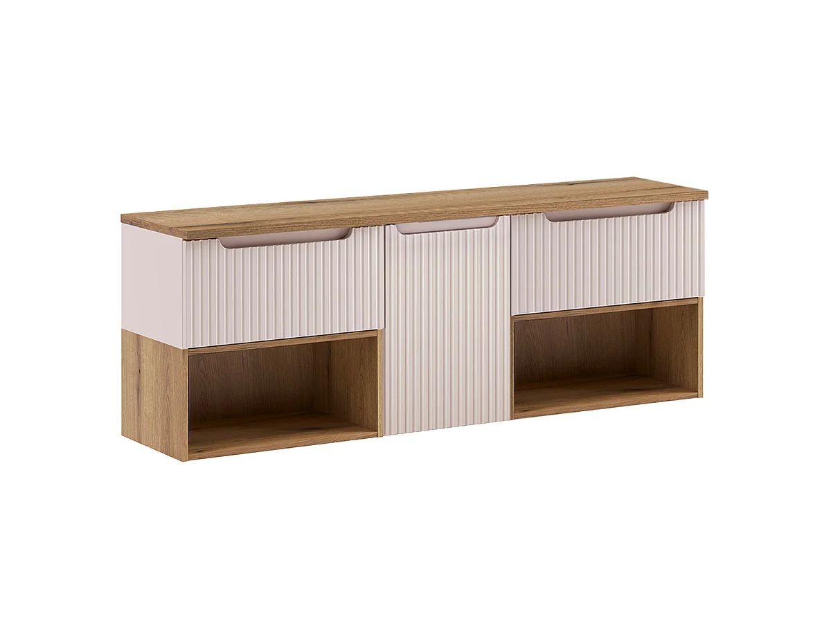 Ensemble meuble sous-vasque 160cm panier à linge niches et colonne Riva Cachemire et Bois