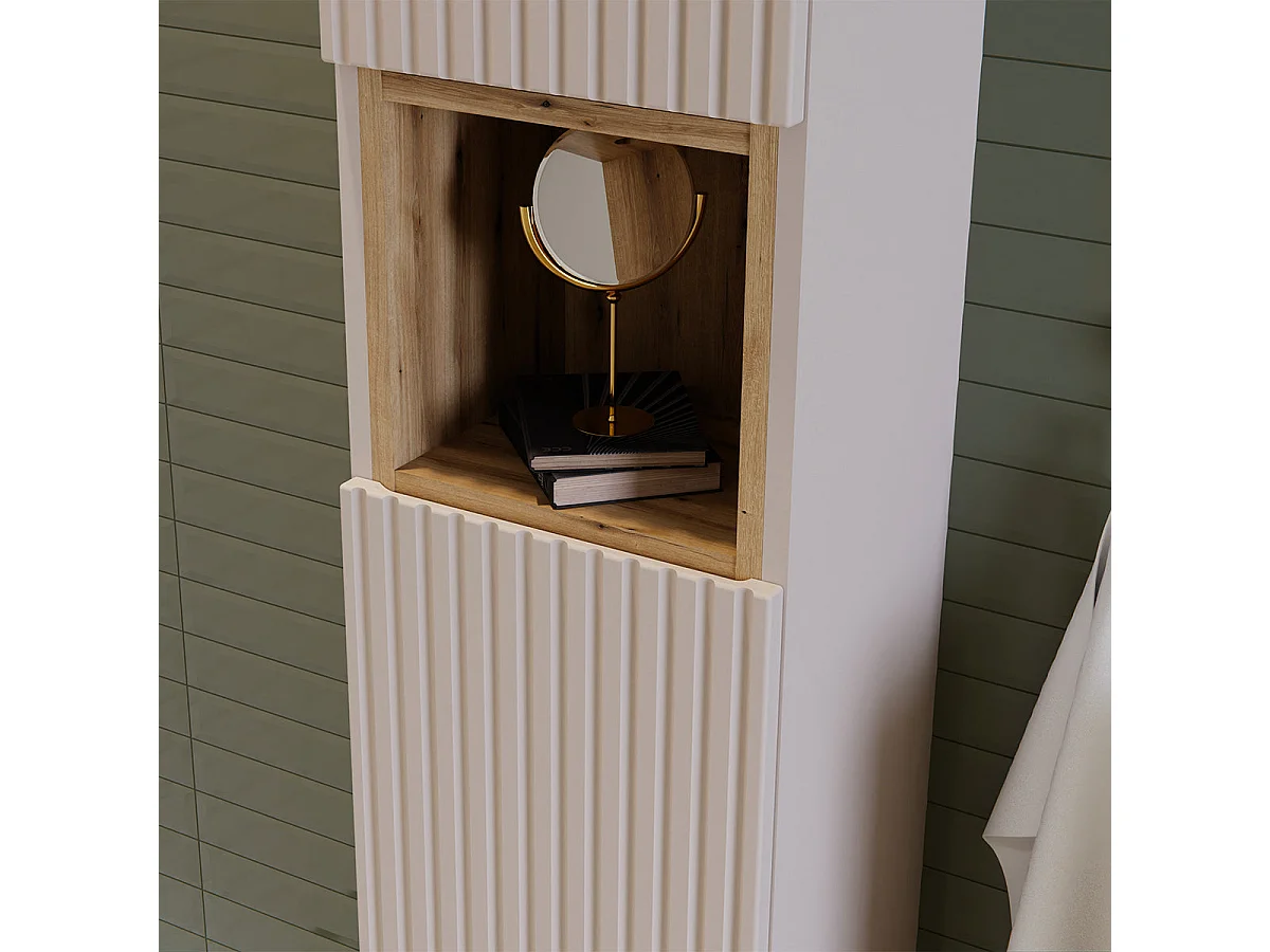 Ensemble meuble sous-vasque 160cm panier à linge niches et colonne Riva Cachemire et Bois