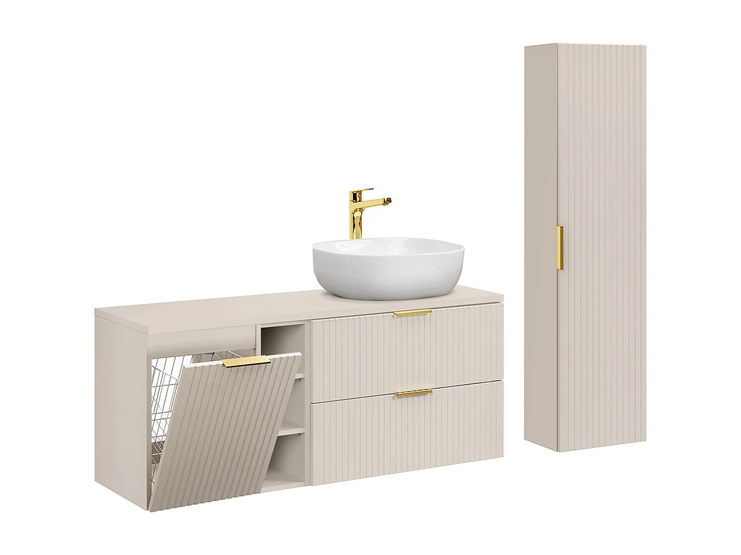 Ensemble meuble simple vasque 140cm 3 niches panier à linge et colonne Adriel Cachemire