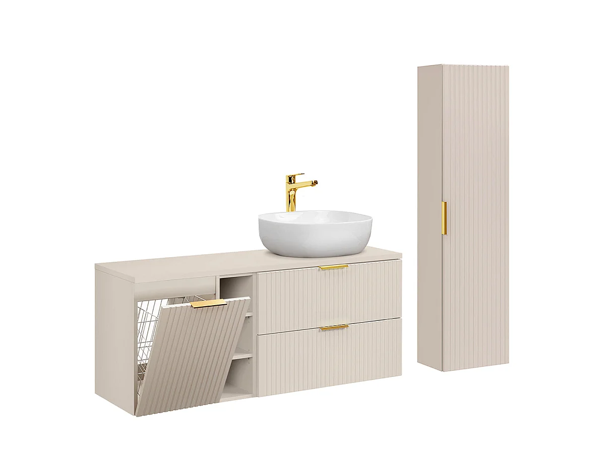 Conjunto mueble lavabo individual 140cm 3 compartimientos cesto de ropa y columna Adriel Cachemira