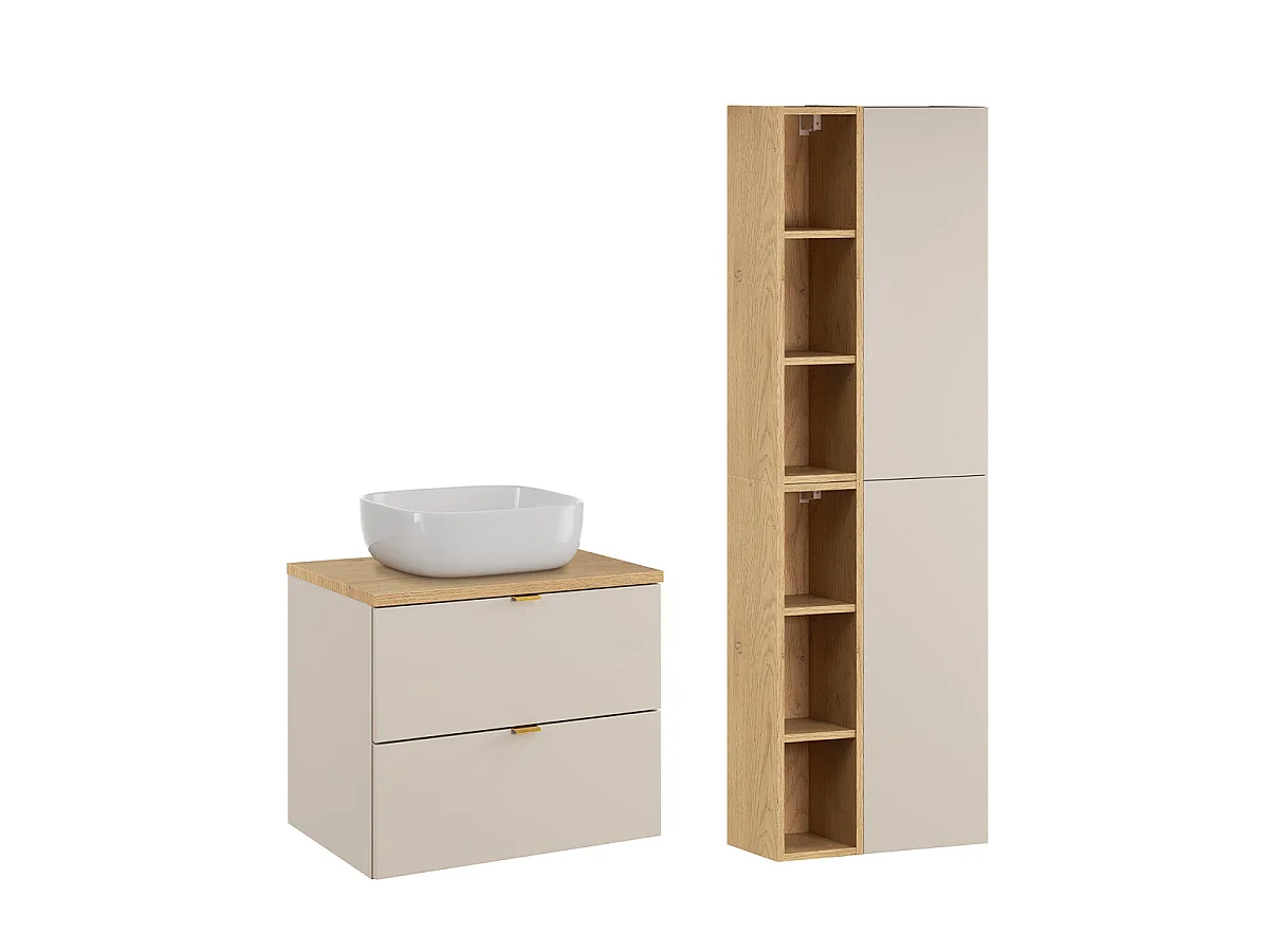 Ensemble meuble simple vasque 60cm et colonne Azel Cachemire et Bois