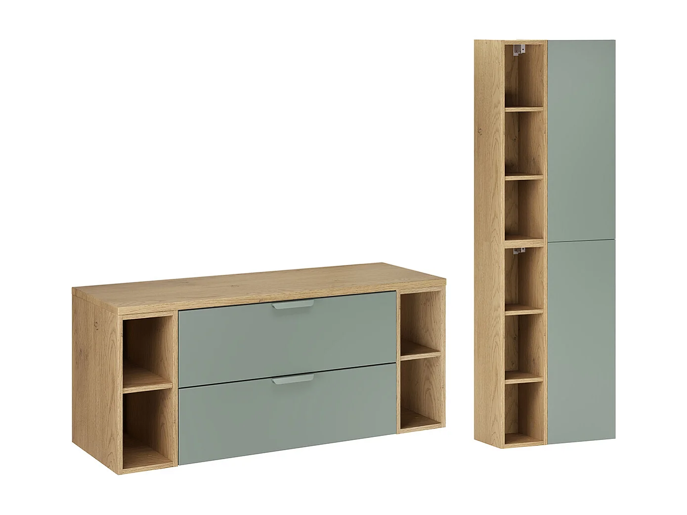 Ensemble meuble sous-vasque 120cm 4 niches et colonne Oria Vert mat