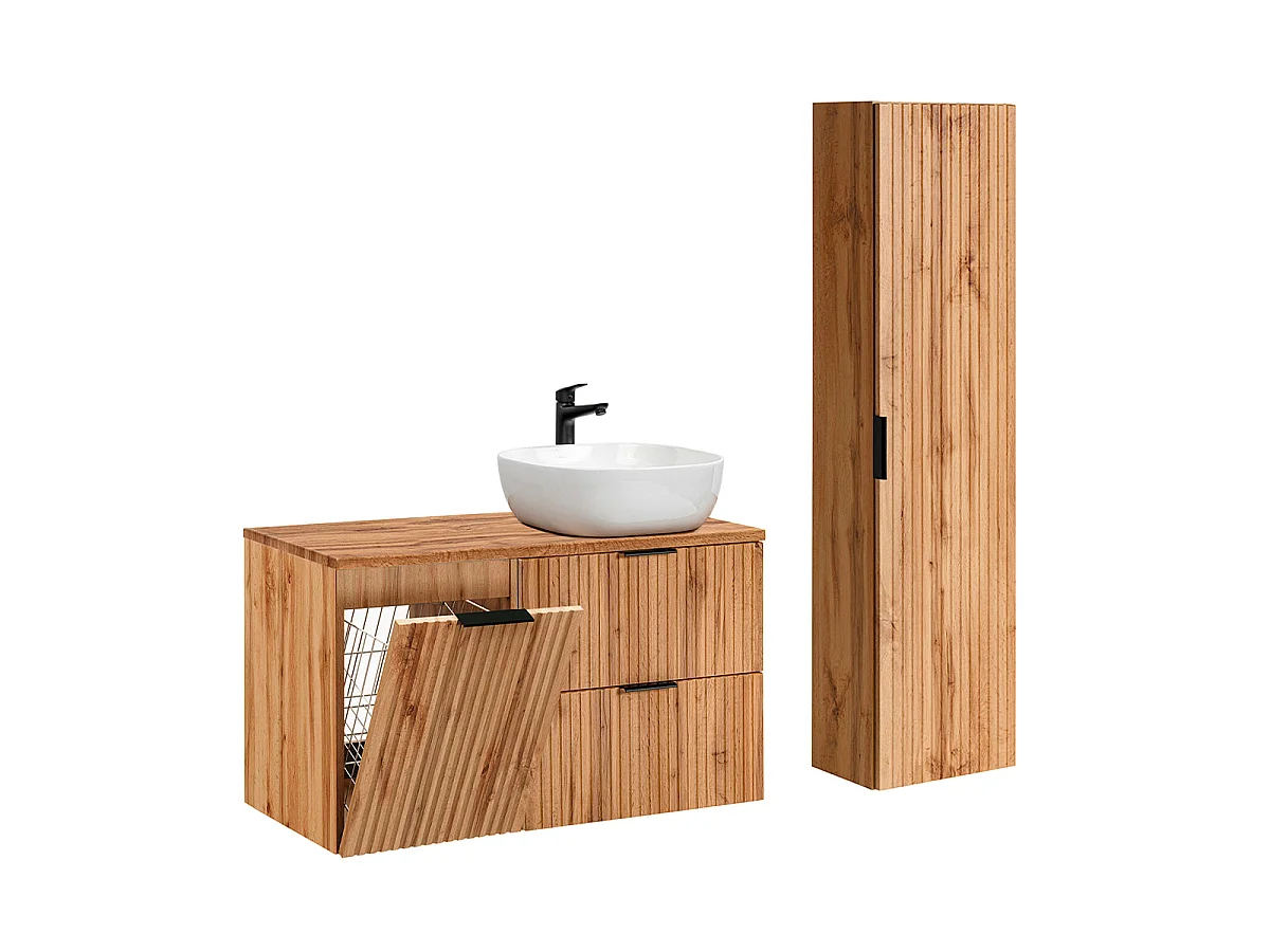 Ensemble meuble simple vasque 100cm panier à linge et colonne Adriel Bois