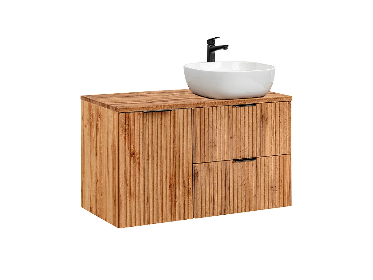 Ensemble meuble simple vasque 100cm panier à linge et colonne Adriel Bois