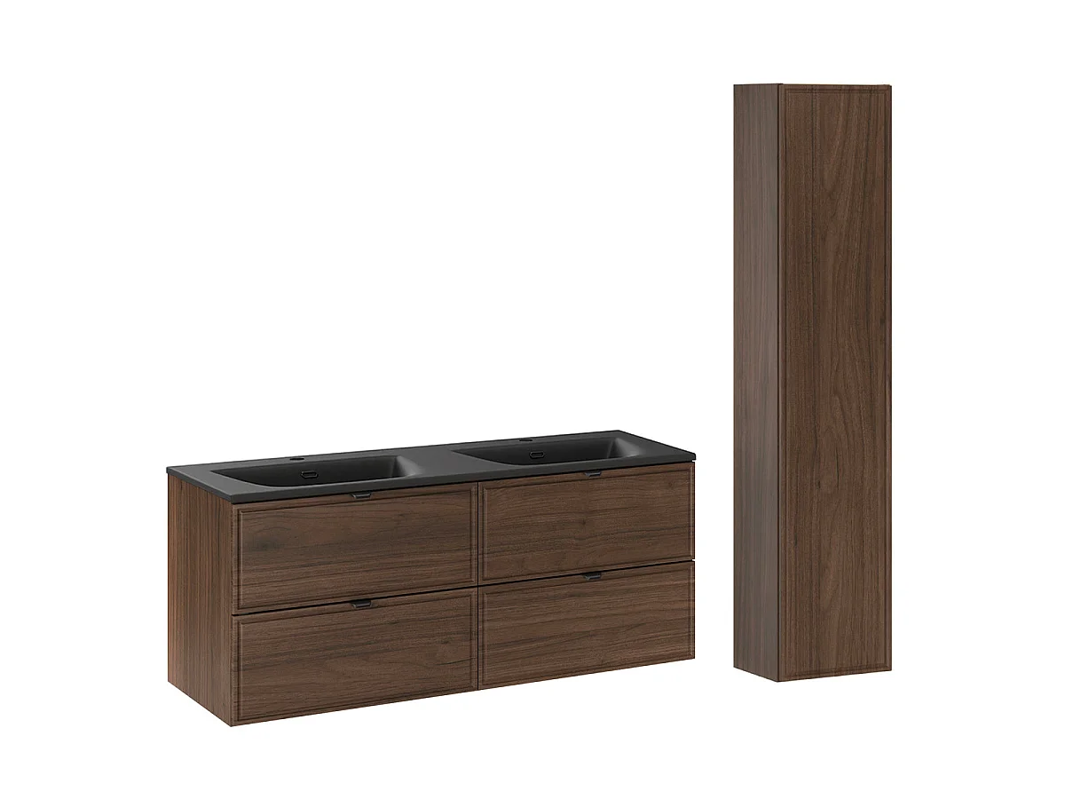 Ensemble meuble double vasque encastrée 120cm et colonne Elias Bois foncé - Vasque noire