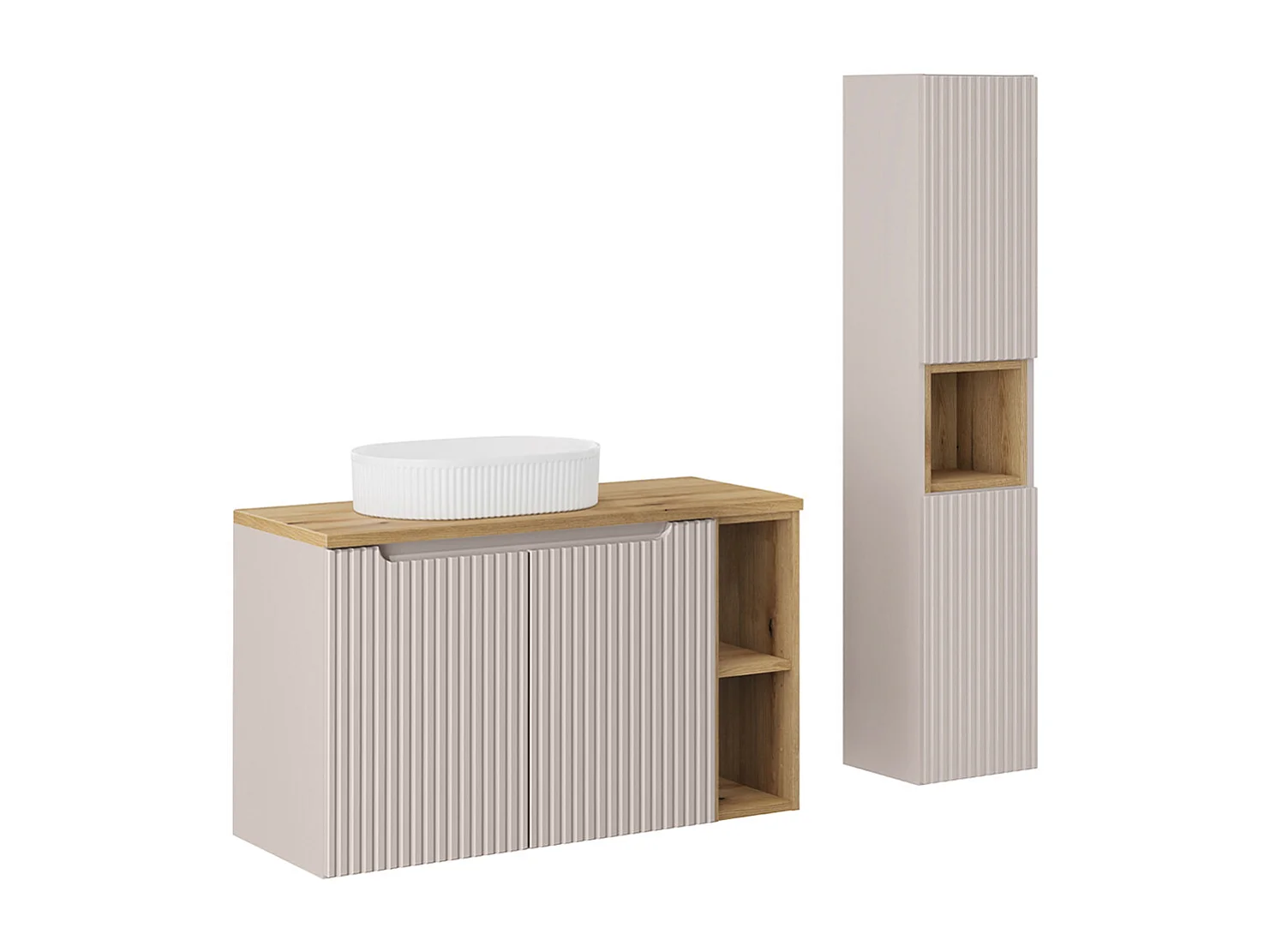 Conjunto mueble lavabo individual 100cm 2 puertas 2 compartimientos y columna Riva Cachemira y Madera