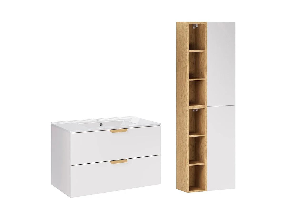 Ensemble meuble simple vasque encastrée 80cm et colonne Oria Blanc mat