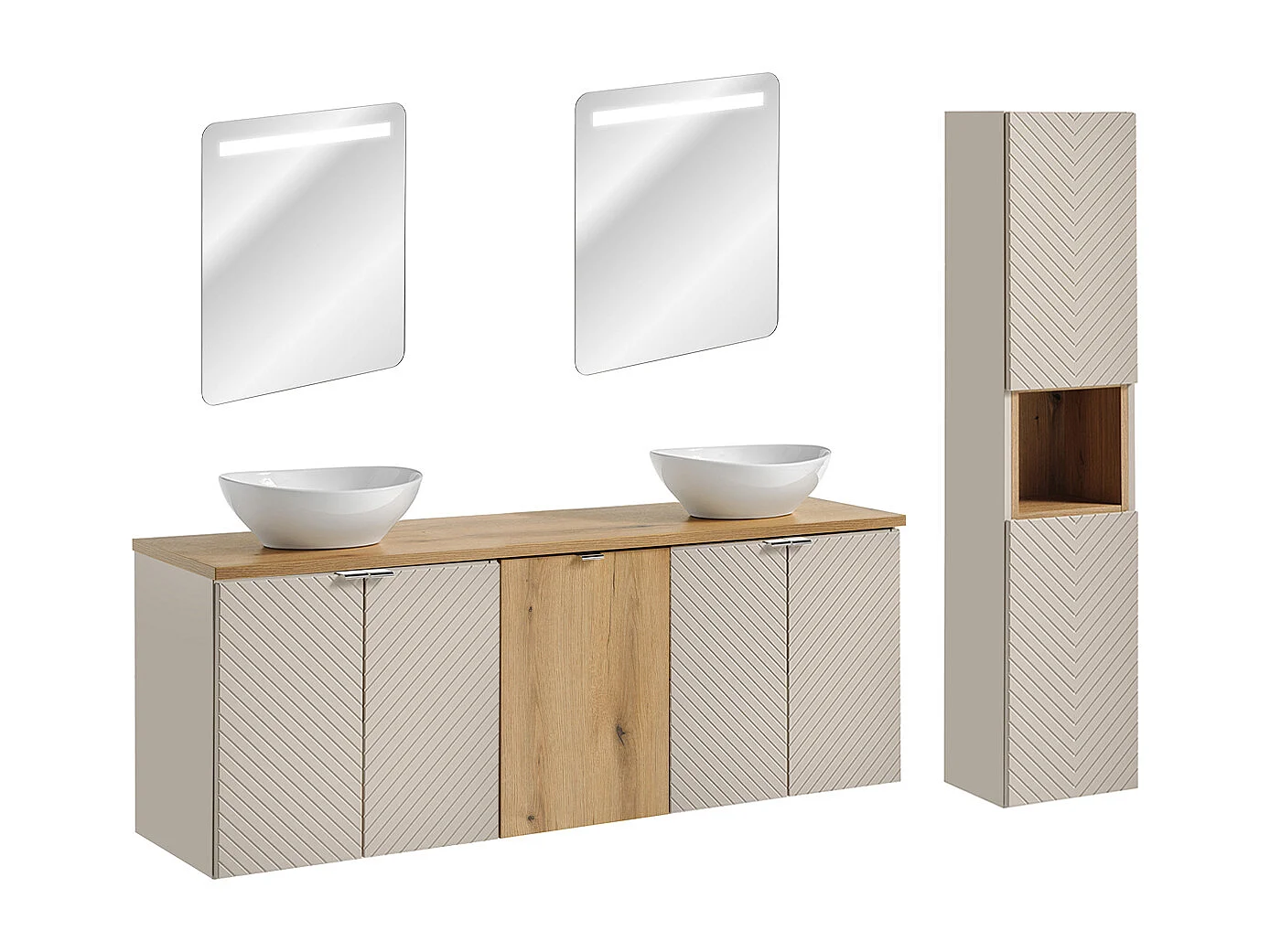 Mobile lavabo doppio da 160 cm con 4 ante, cesto portabiancheria, specchi a LED e colonna Manoa Cachemire e Wood