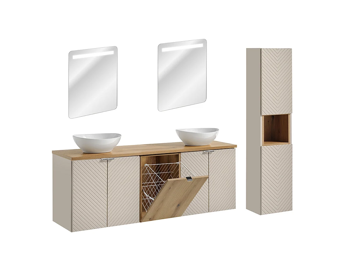 Ensemble meuble double vasque 160cm 4 portes panier à linge miroirs LED et colonne Manoa Cachemire et Bois
