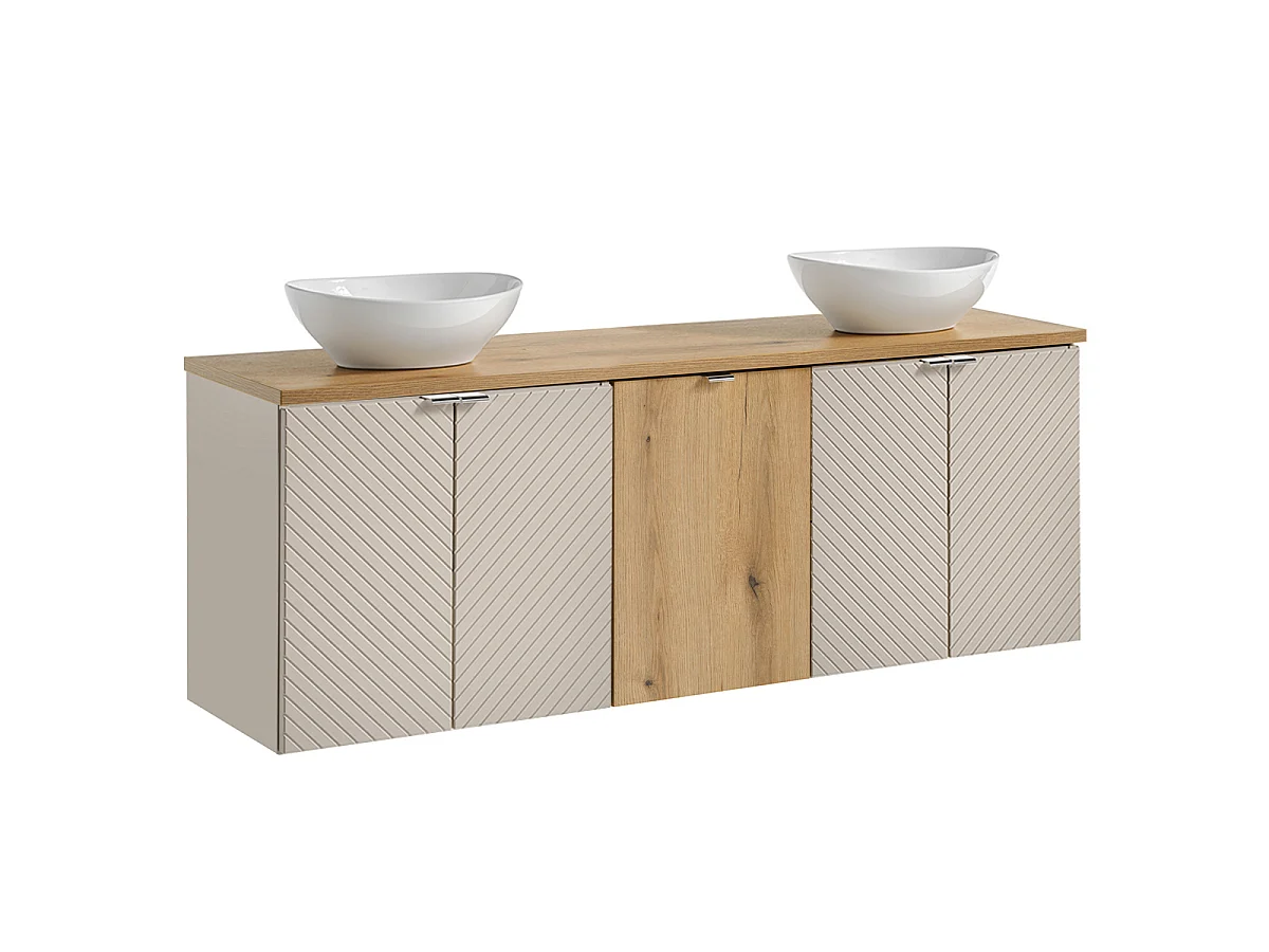 Ensemble meuble double vasque 160cm 4 portes panier à linge miroirs LED et colonne Manoa Cachemire et Bois