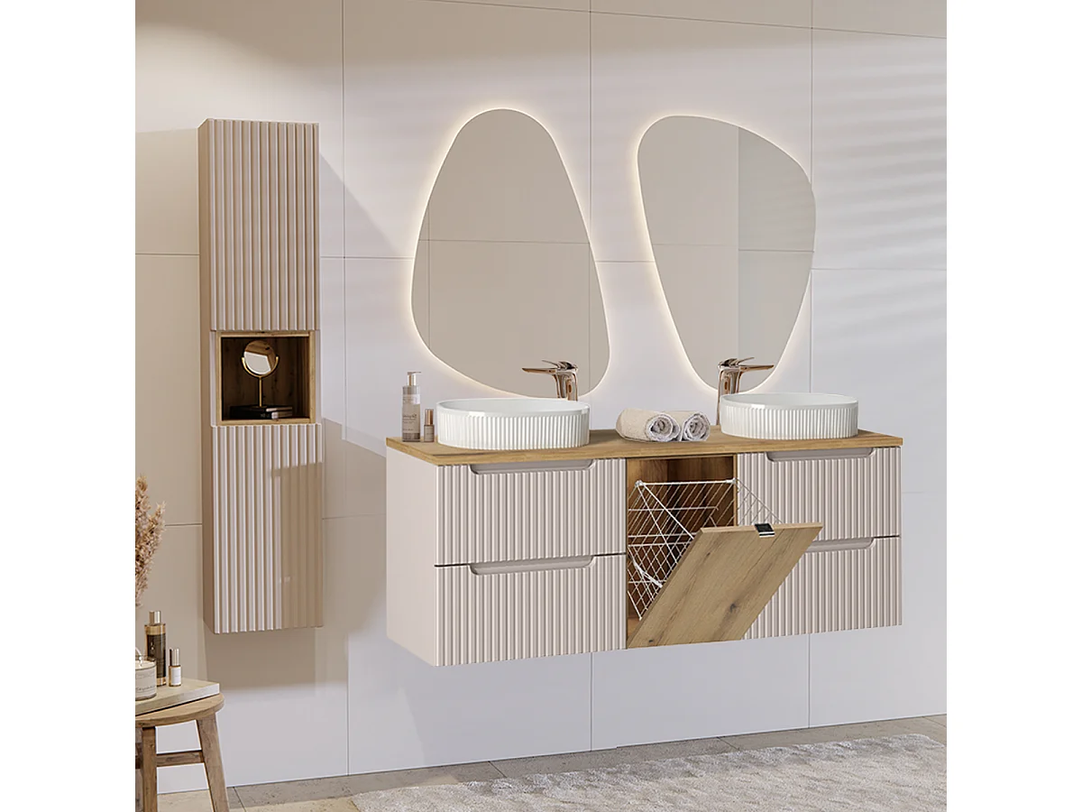 Ensemble meuble double vasque 160cm panier à linge et colonne Riva Cachemire et Bois