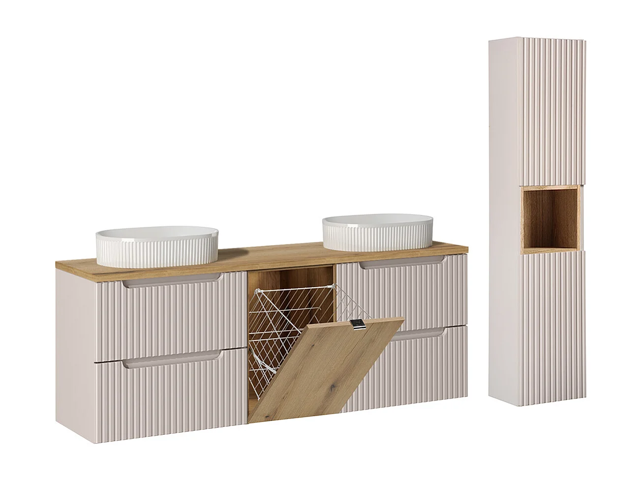 Ensemble meuble double vasque 160cm panier à linge et colonne Riva Cachemire et Bois