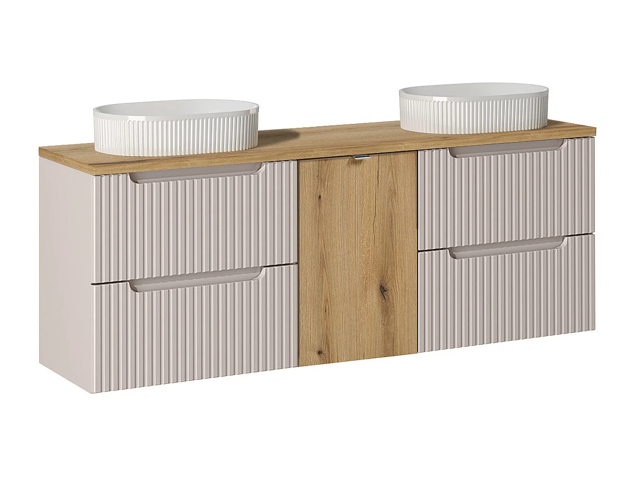 Ensemble meuble double vasque 160cm panier à linge et colonne Riva Cachemire et Bois