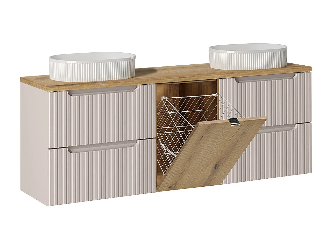 Ensemble meuble double vasque 160cm panier à linge et colonne Riva Cachemire et Bois