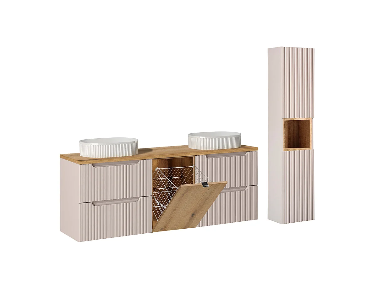 Insieme mobile lavabo doppio 160cm cesto portabiancheria e colonna Riva Cachemire e Legno