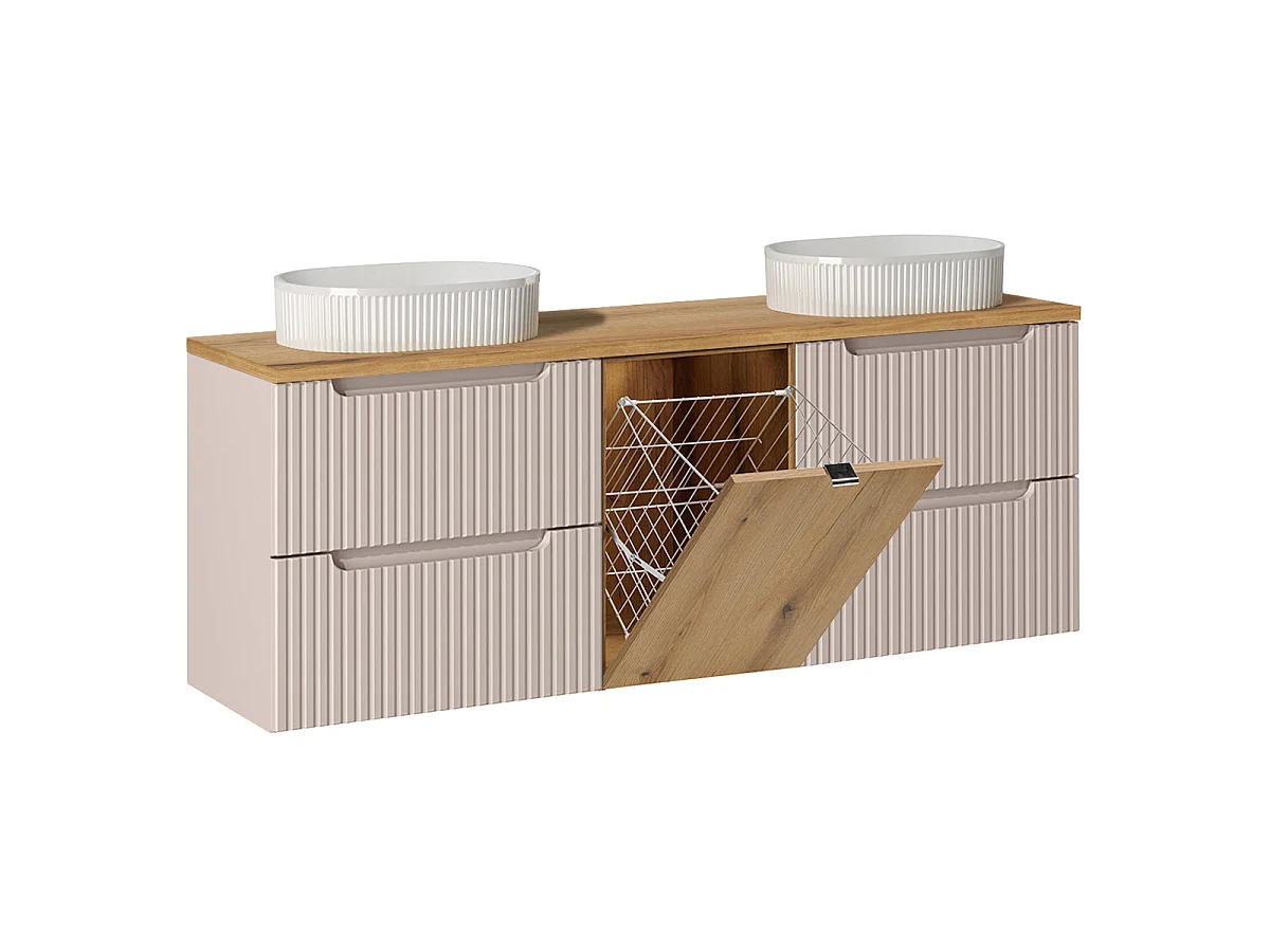 Insieme mobile lavabo doppio 160cm cesto portabiancheria e colonna Riva Cachemire e Legno
