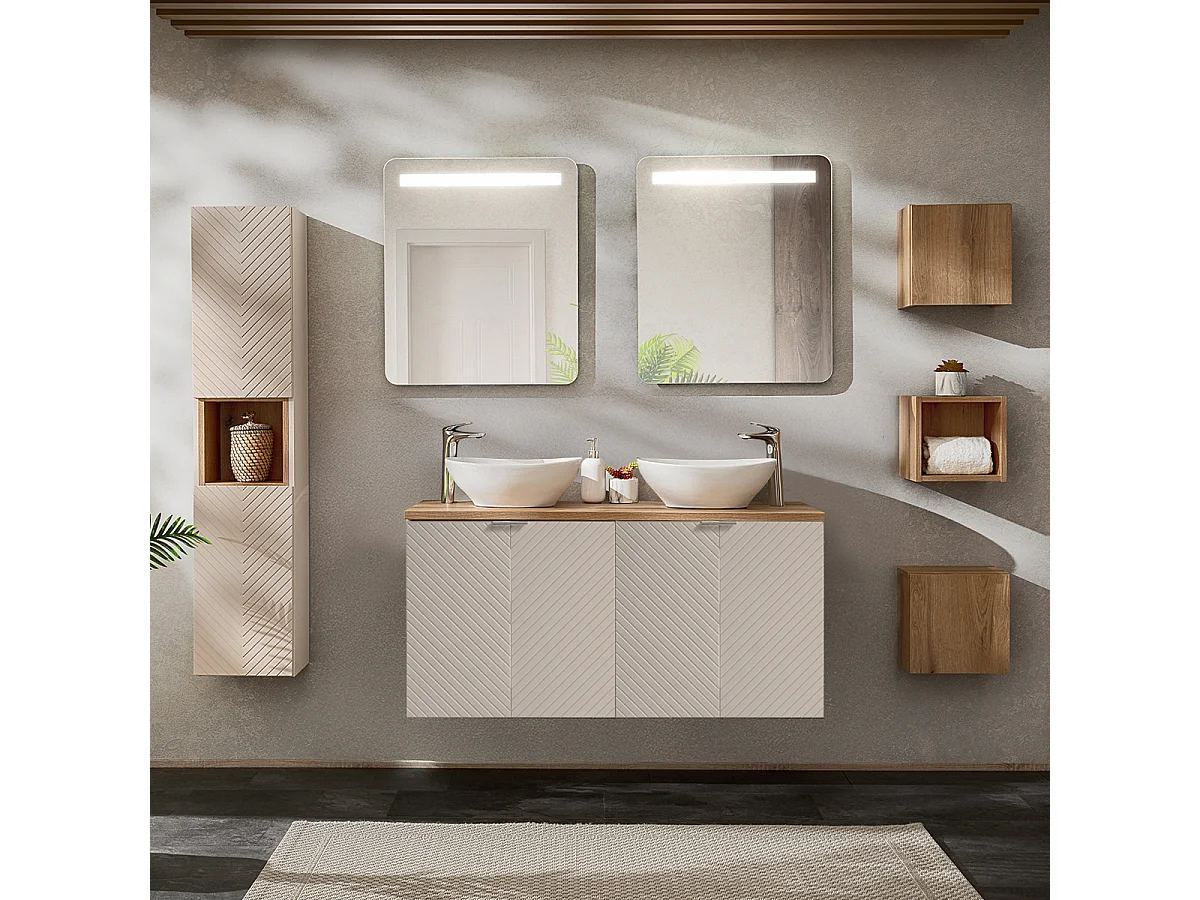 Set di lavabo doppio da 120 cm con 4 ante a specchio LED e 3 pensili Manoa Cachemire e Wood