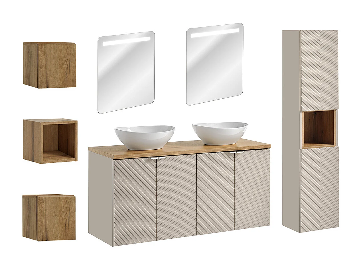Set di lavabo doppio da 120 cm con 4 ante a specchio LED e 3 pensili Manoa Cachemire e Wood