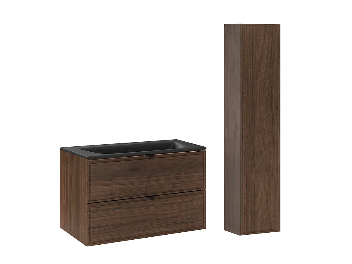 Set van 80cm enkele wastafel met kolom Elias Donker hout - Zwarte wastafel