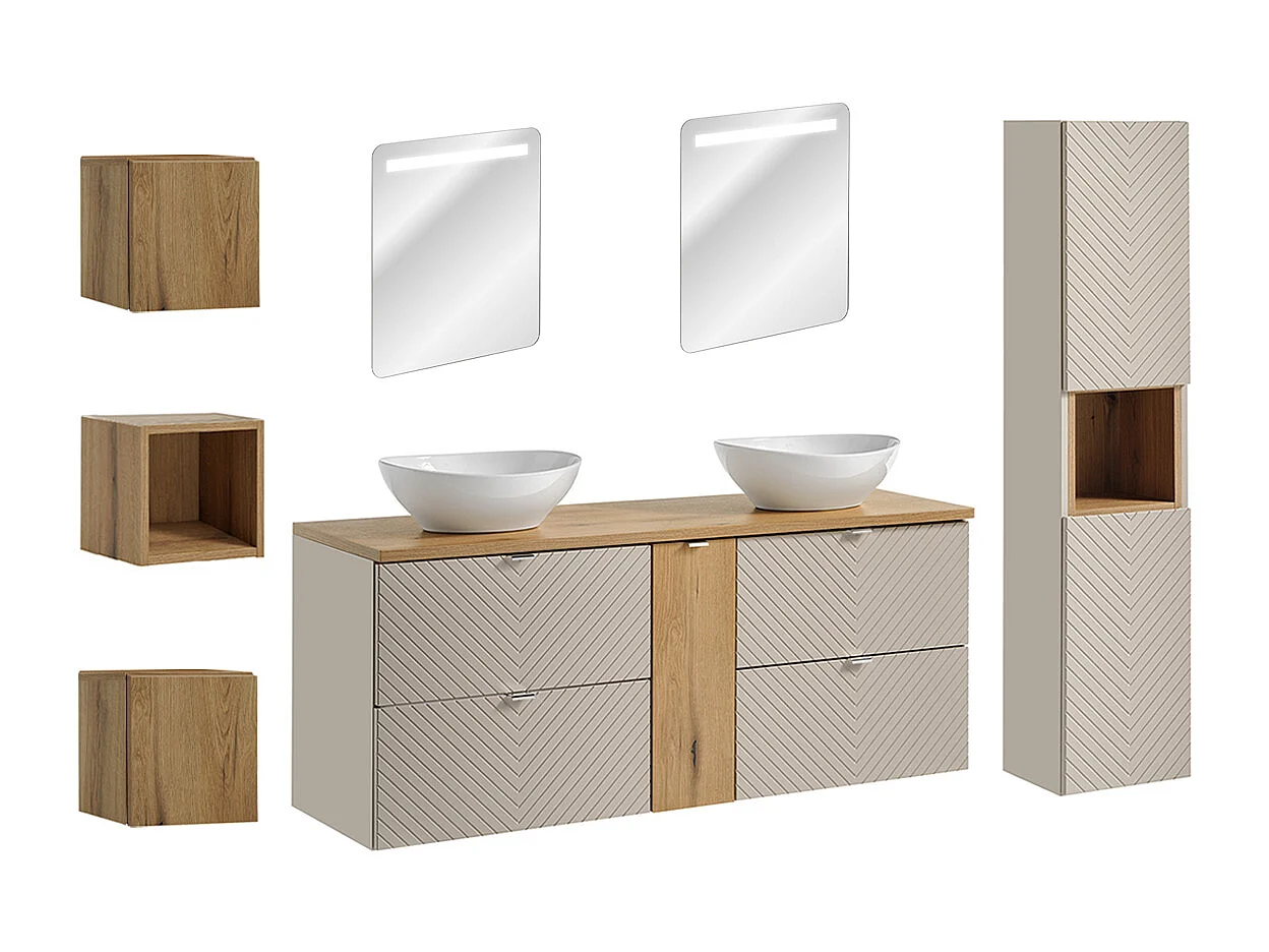 Mobiletto doppio 140 cm con specchi LED e 3 pensili Manoa cashmere e legno
