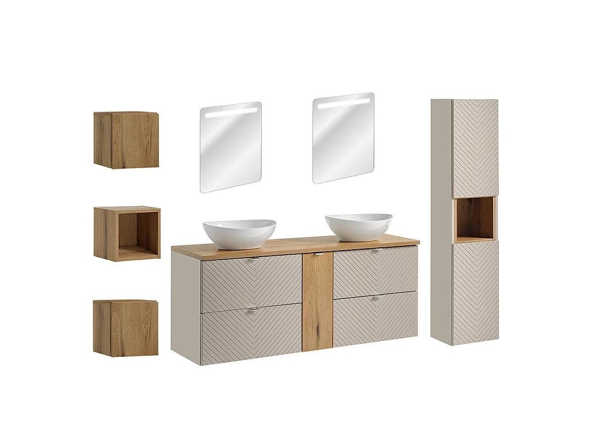 Ensemble meuble double vasque 140cm 4 tiroirs miroirs LED colonne et 3 armoires murales Manoa Cachemire et Bois