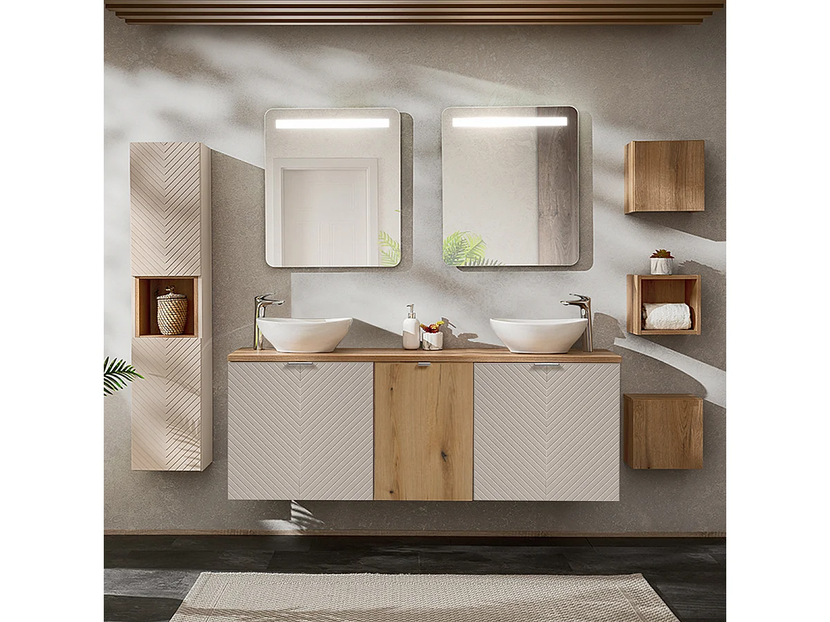 160cm dubbel badmeubel met 4 LED spiegeldeuren en 3 Manoa Cashmere en Wood bovenkasten