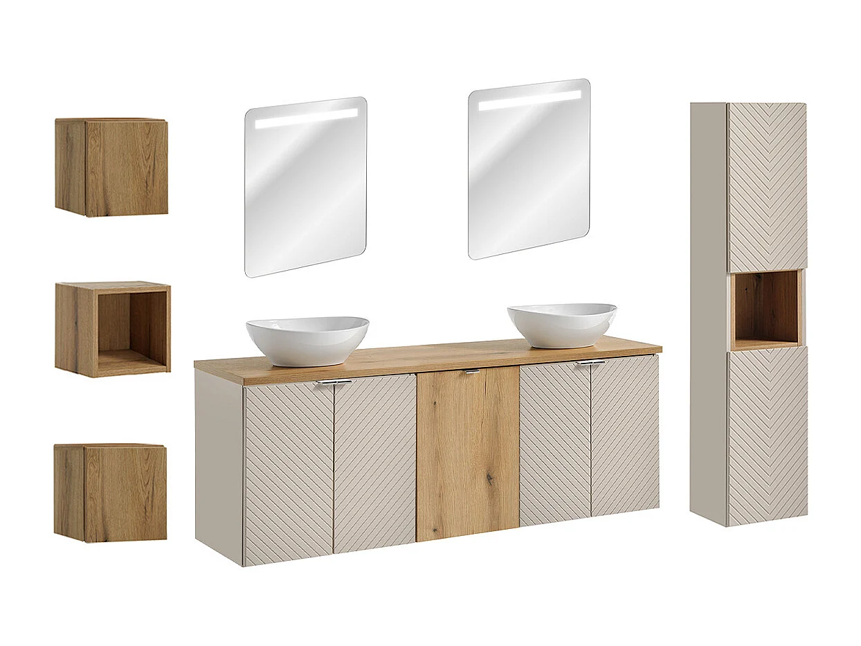 160cm dubbel badmeubel met 4 LED spiegeldeuren en 3 Manoa Cashmere en Wood bovenkasten