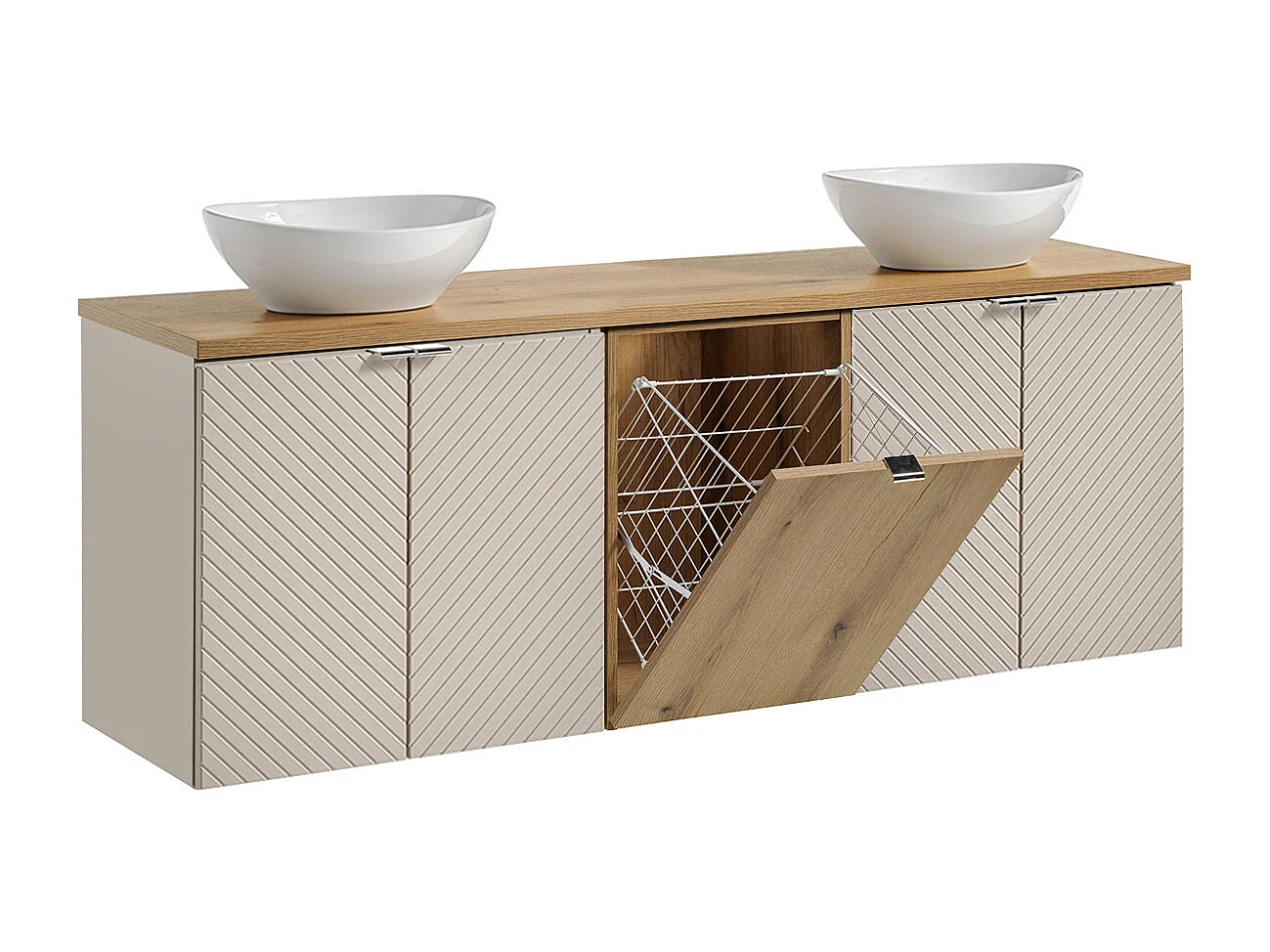 160cm dubbel badmeubel met 4 LED spiegeldeuren en 3 Manoa Cashmere en Wood bovenkasten