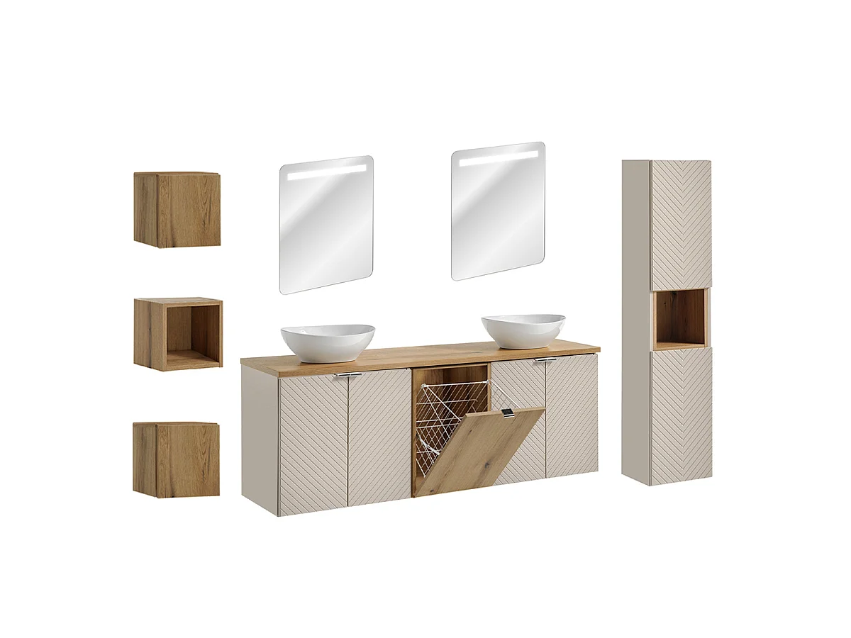 Ensemble meuble double vasque 160cm 4 portes miroirs LED colonne et 3 armoires murales Manoa Cachemire et Bois