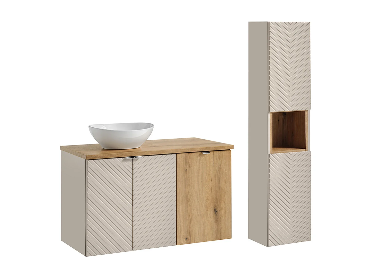 Ensemble meuble simple vasque 100cm 2 portes panier à linge et colonne Manoa Cachemire et Bois