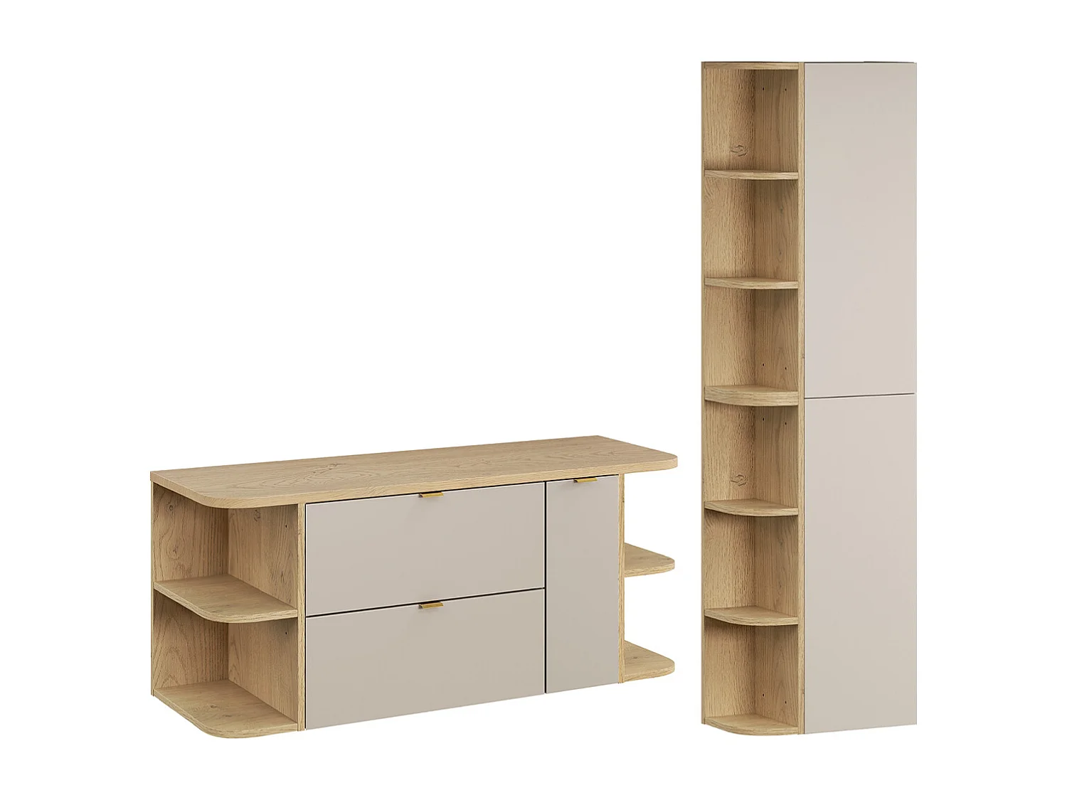 Ensemble meuble sous-vasque 120cm 3 tiroirs niches arrondies et colonne Azel Cachemire et Bois