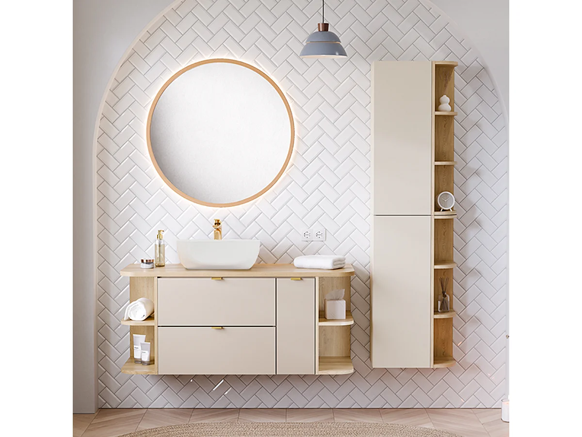 Ensemble meuble sous-vasque 120cm 3 tiroirs niches arrondies et colonne Azel Cachemire et Bois
