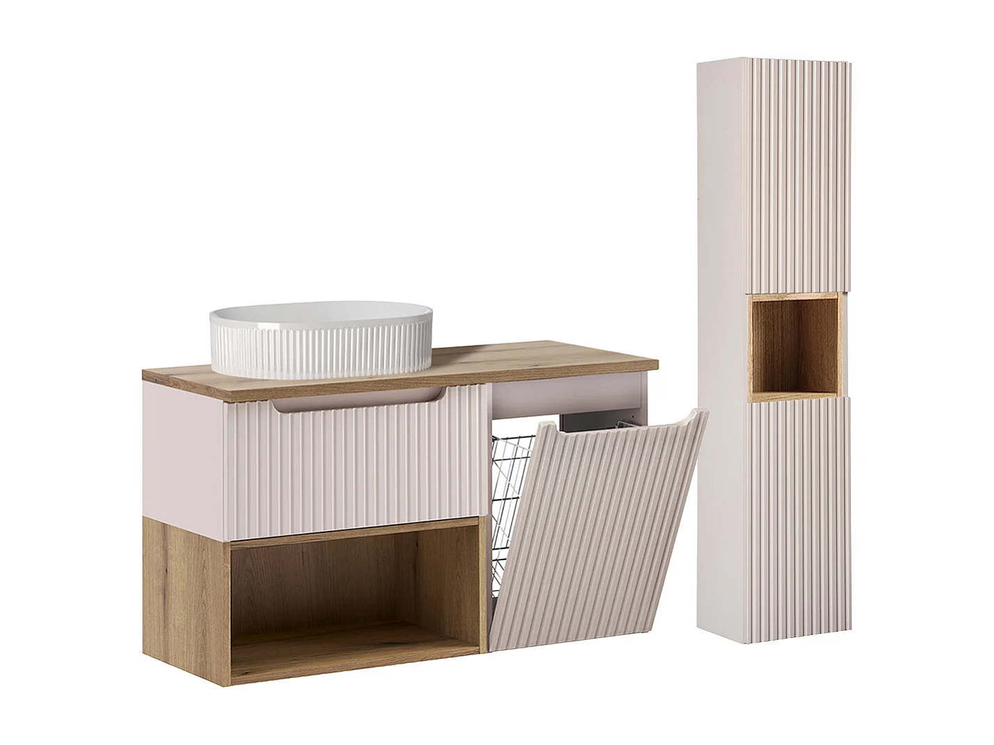 Ensemble meuble simple vasque 100cm panier à linge et colonne Riva Cachemire et Bois