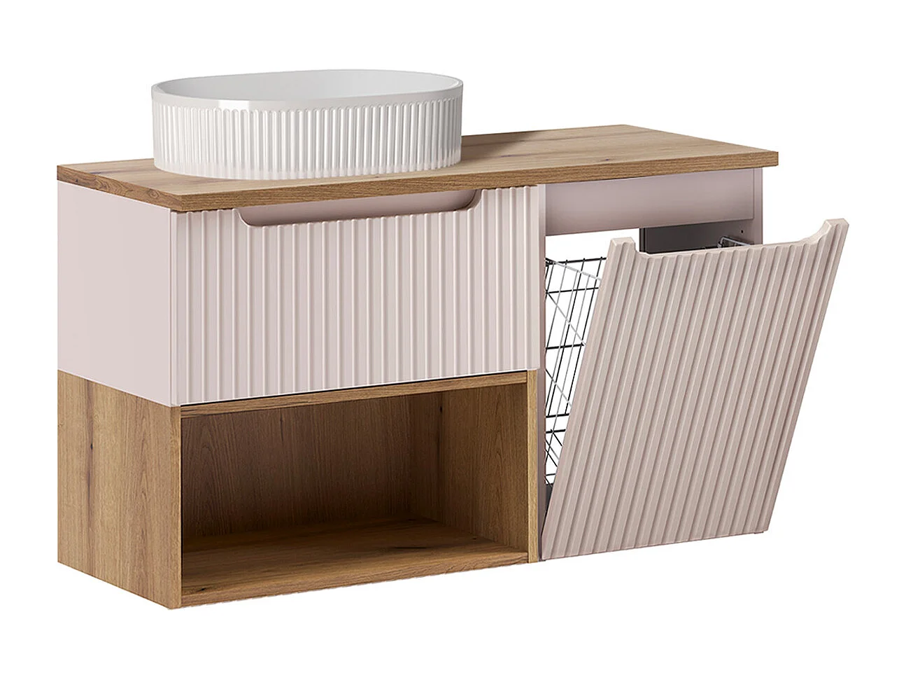 Ensemble meuble simple vasque 100cm panier à linge et colonne Riva Cachemire et Bois