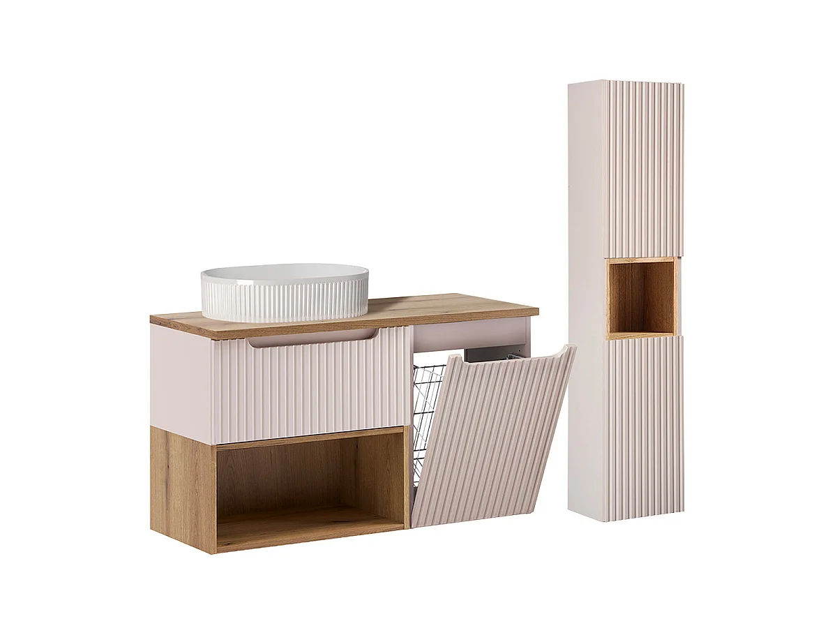 Ensemble meuble simple vasque 100cm panier à linge et colonne Riva Cachemire et Bois