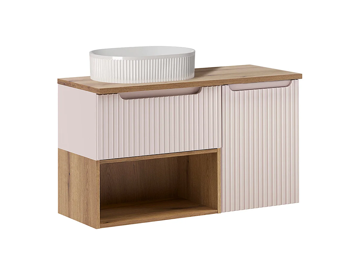 Ensemble meuble simple vasque 100cm panier à linge et colonne Riva Cachemire et Bois