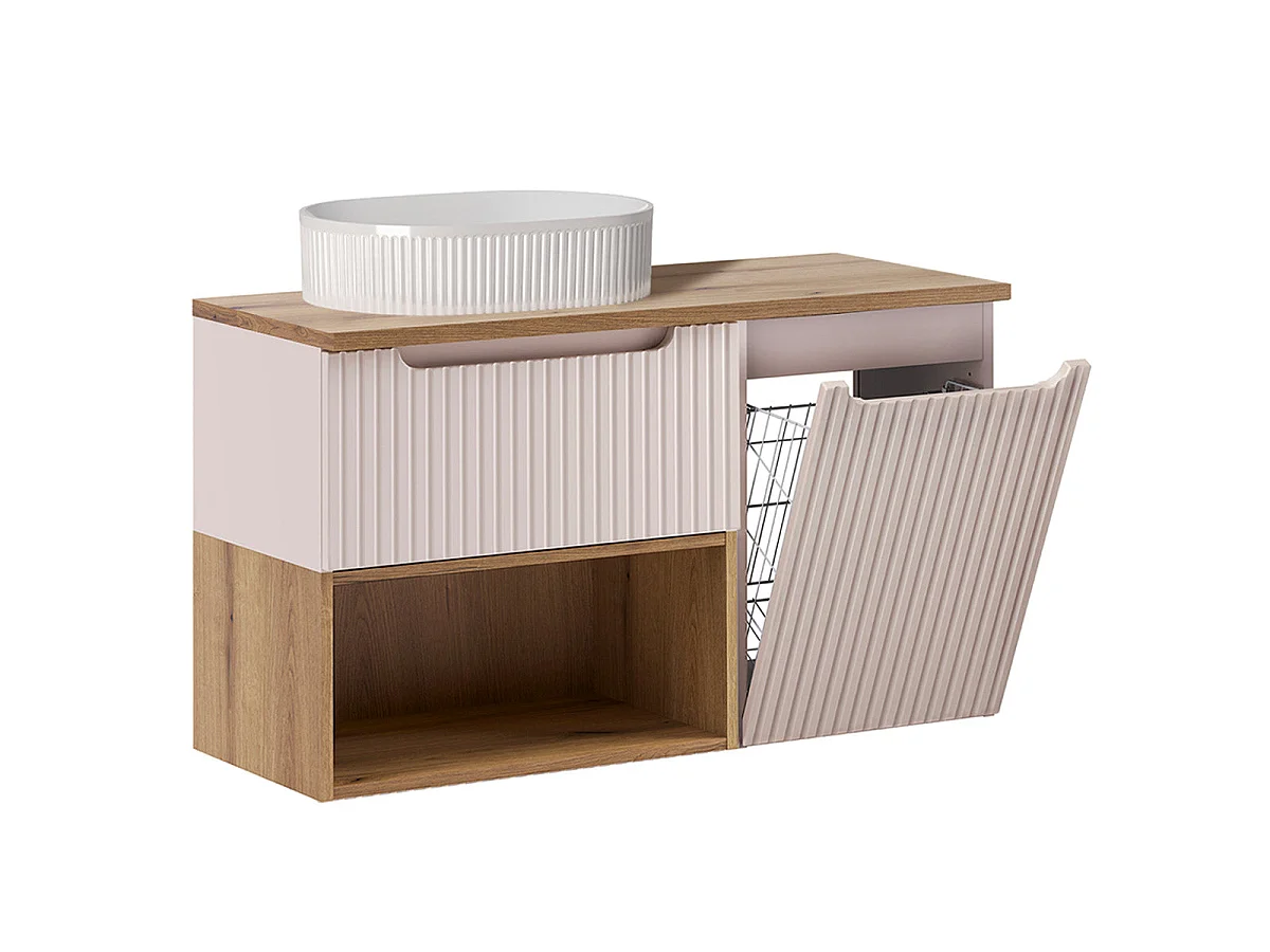 Ensemble meuble simple vasque 100cm panier à linge et colonne Riva Cachemire et Bois