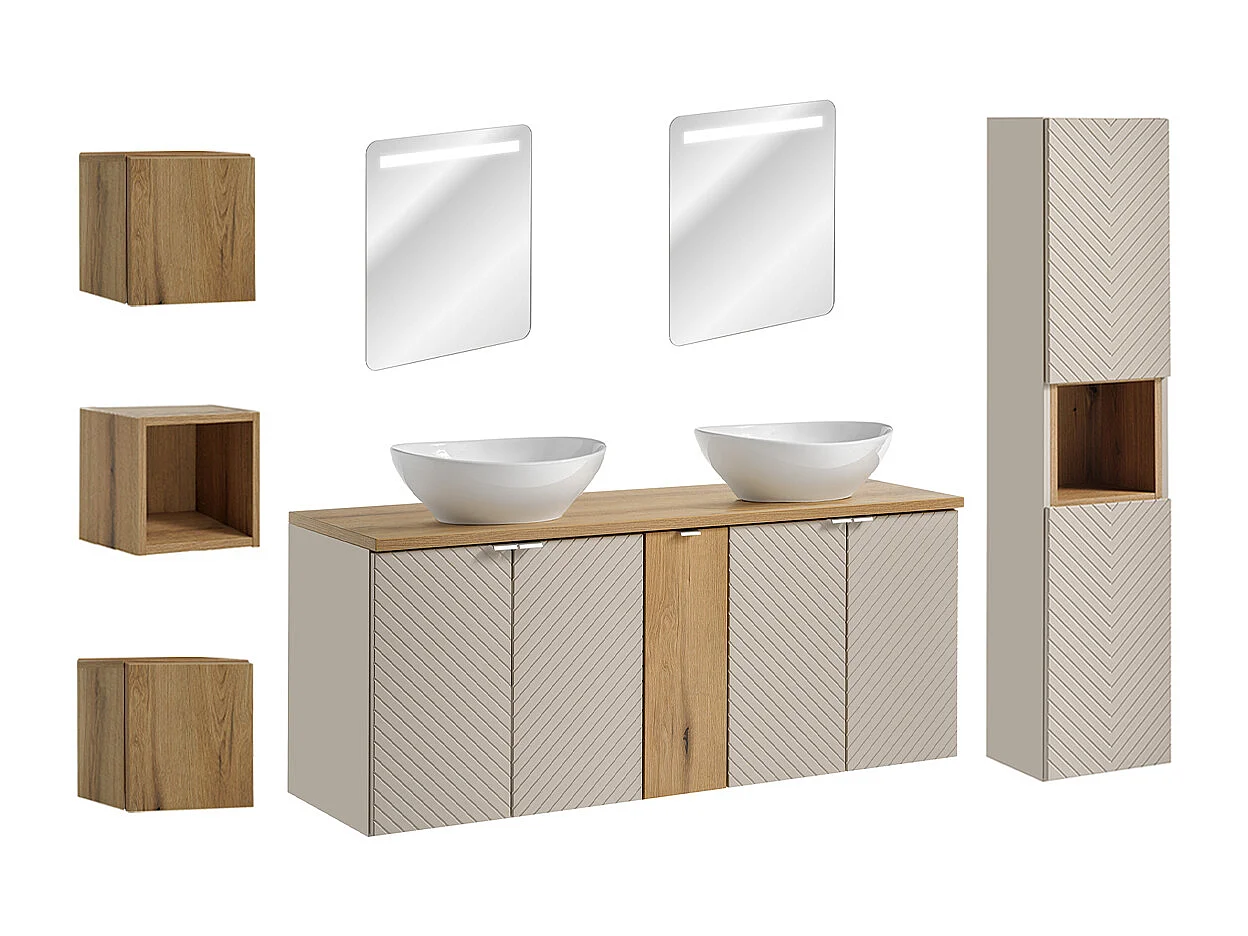 Set di lavabo doppio da 140 cm con 5 ante a specchio LED e 3 pensili Manoa Cachemire e Wood