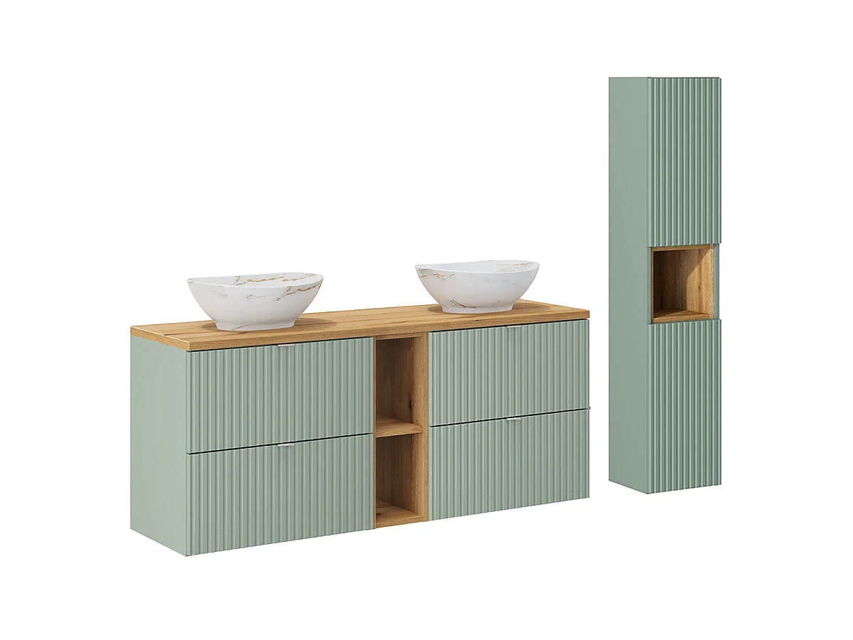 Dubbele wastafel 140cm 4 laden 2 nissen en kolom Jade Groen en Hout