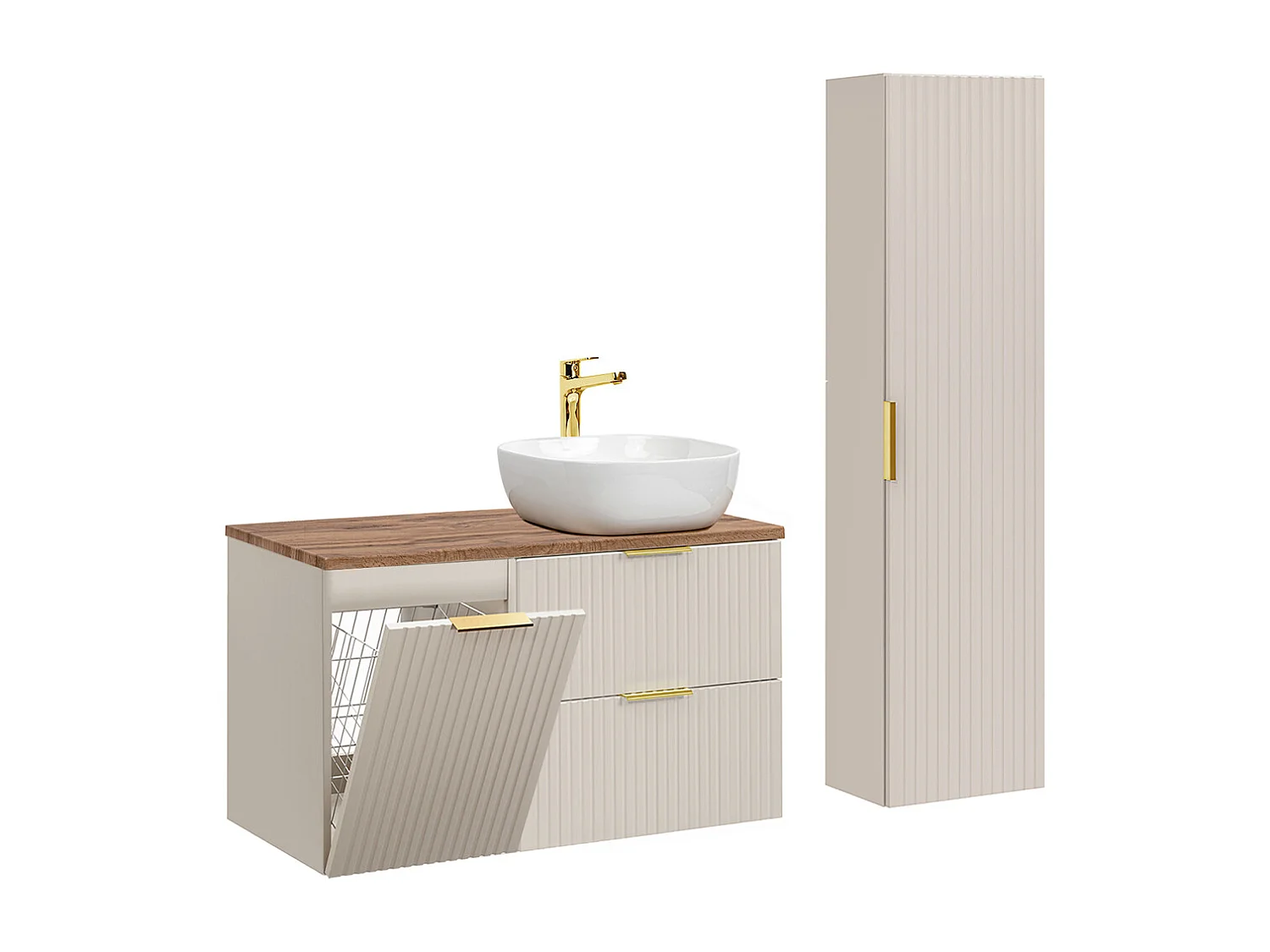 Ensemble meuble simple vasque 100cm panier à linge et colonne Adriel Cachemire et Bois