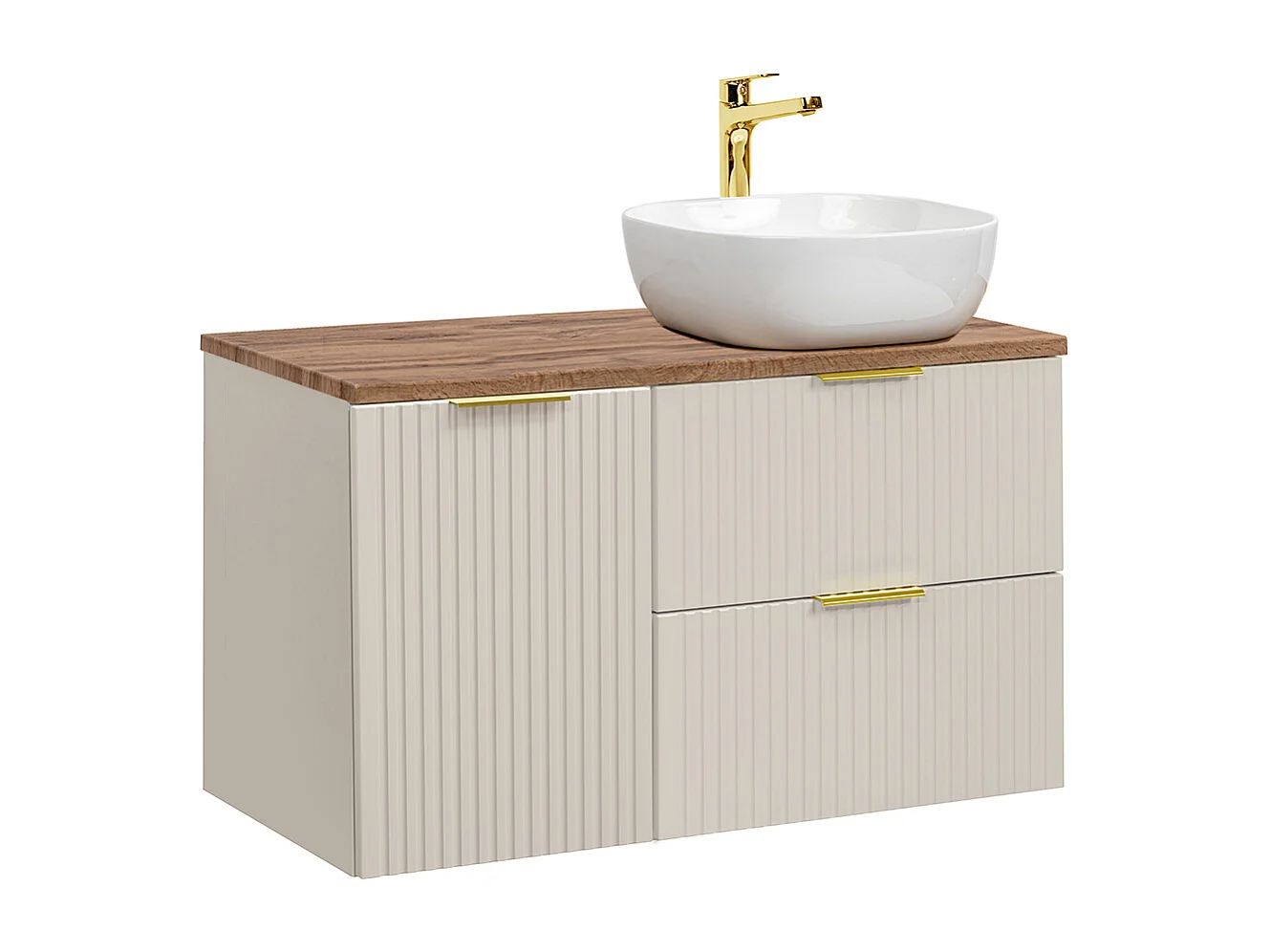 Ensemble meuble simple vasque 100cm panier à linge et colonne Adriel Cachemire et Bois