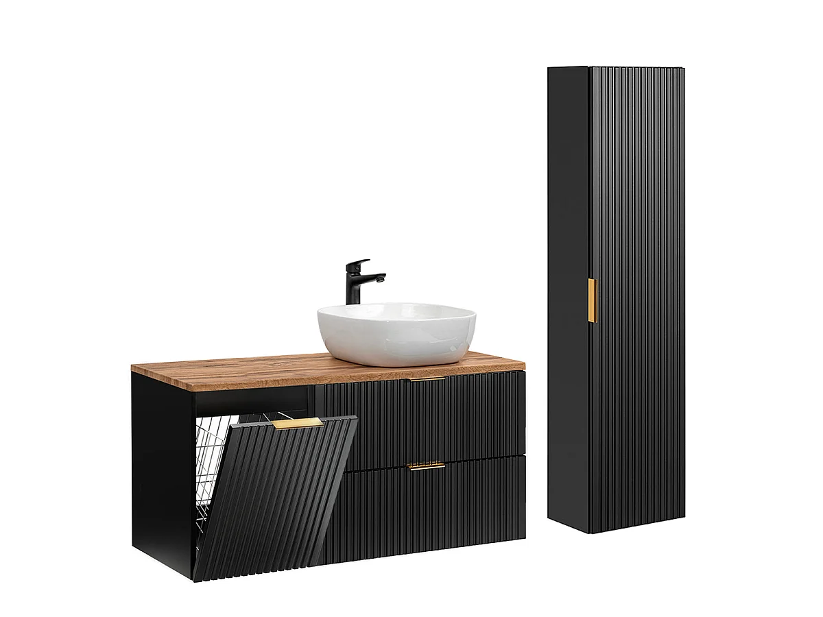 Ensemble meuble simple vasque 120cm panier à linge et colonne Adriel Noir et Bois