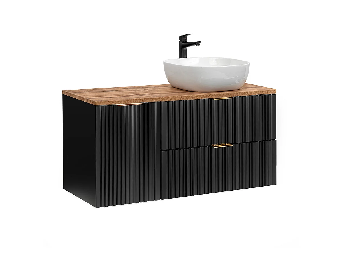 Ensemble meuble simple vasque 120cm panier à linge et colonne Adriel Noir et Bois