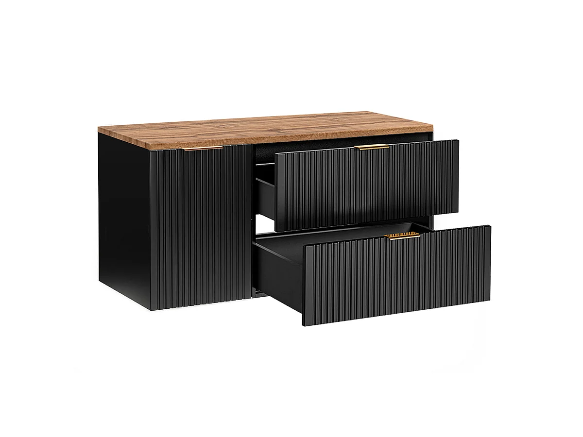 Ensemble meuble simple vasque 120cm panier à linge et colonne Adriel Noir et Bois
