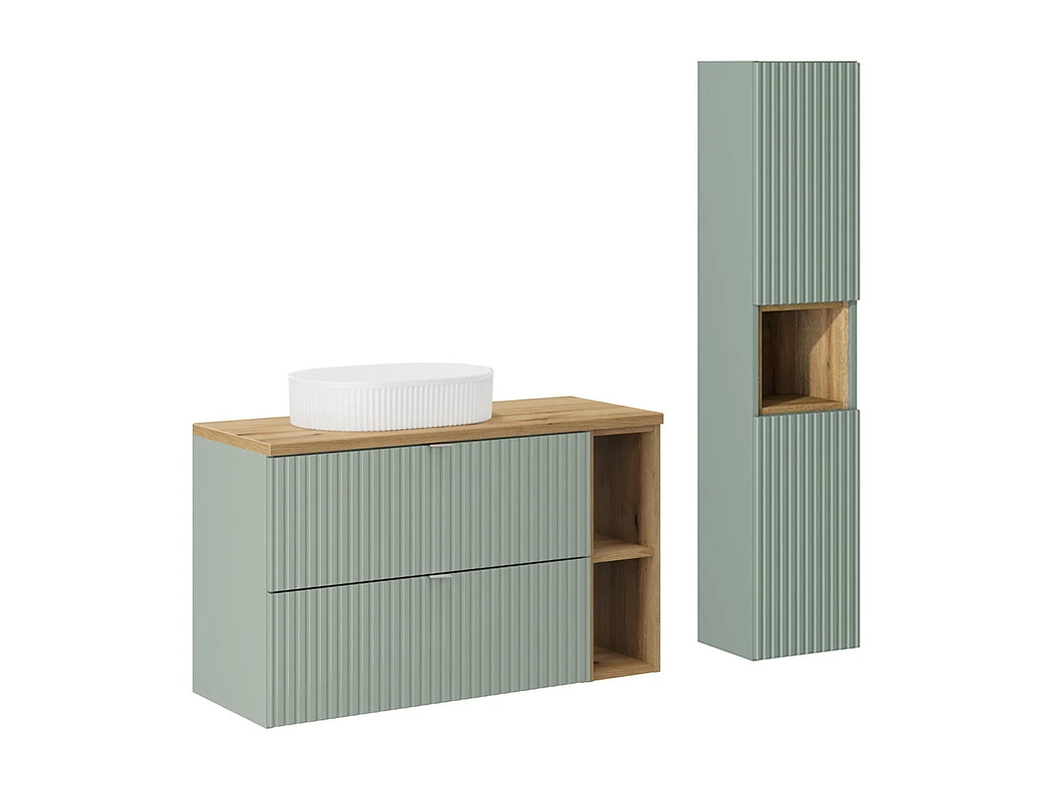 Ensemble meuble simple vasque 100cm 2 tiroirs 2 niches et colonne Jade Vert et Bois