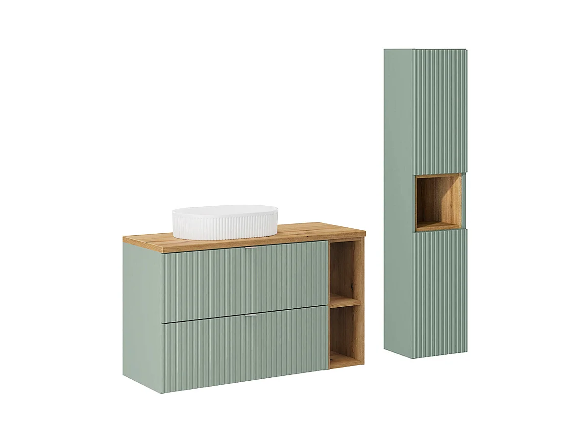 Ensemble meuble simple vasque 100cm 2 tiroirs 2 niches et colonne Jade Vert et Bois