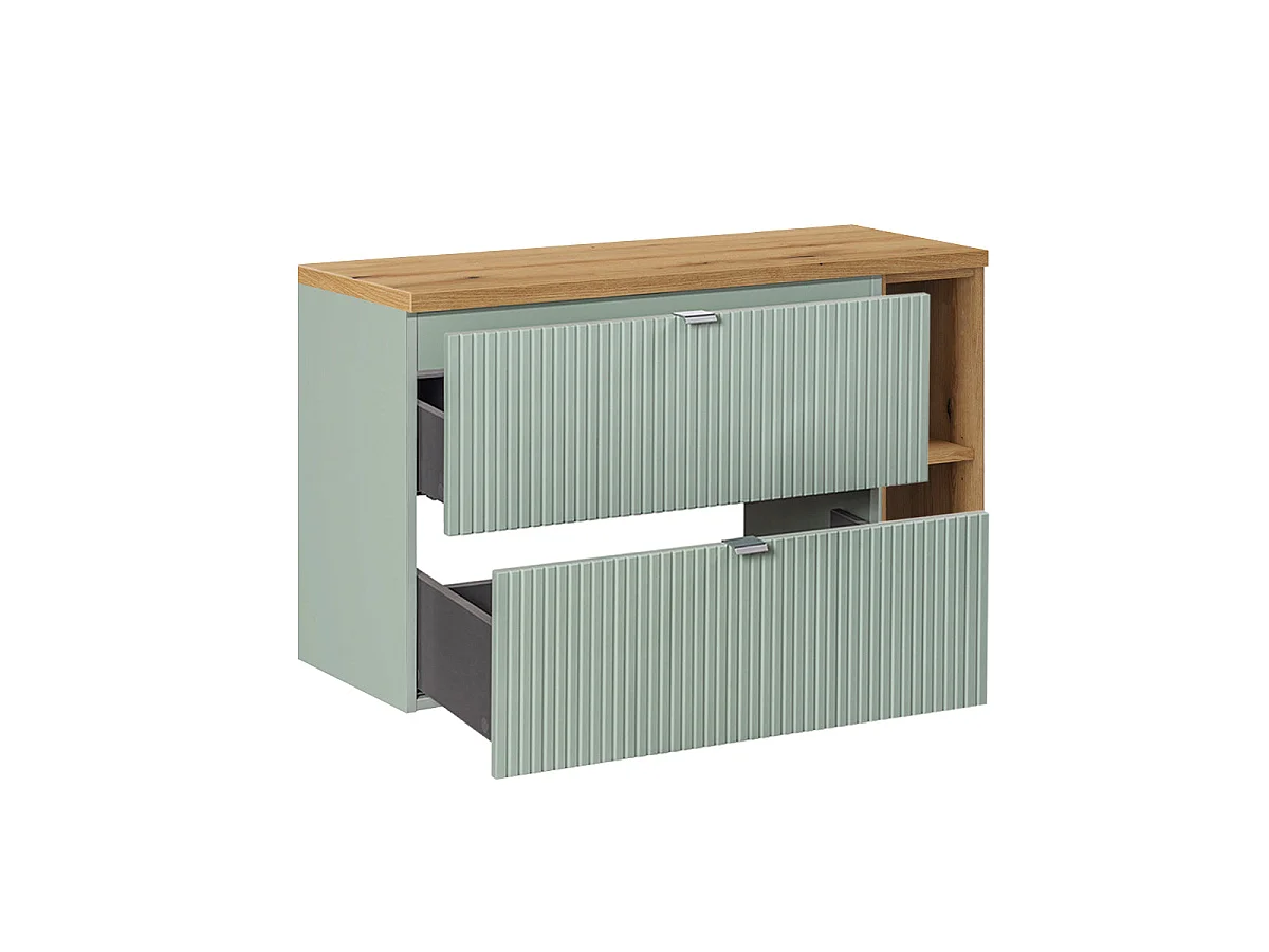 Ensemble meuble simple vasque 100cm 2 tiroirs 2 niches et colonne Jade Vert et Bois
