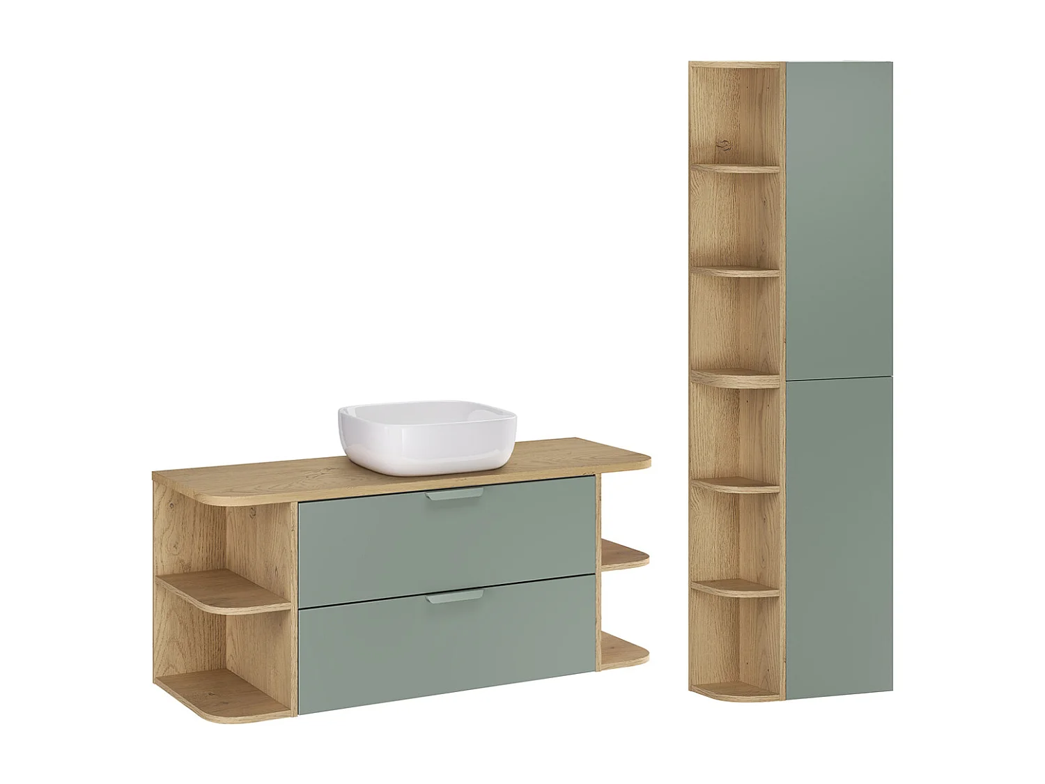 Ensemble meuble simple vasque 120cm niches arrondies et colonne Oria Vert mat