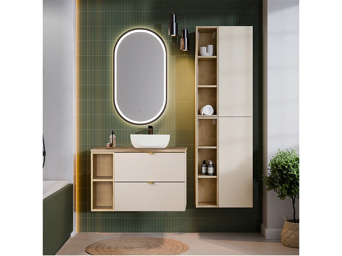 Ensemble meuble simple vasque 80cm 2 niches et colonne Azel Cachemire et Bois